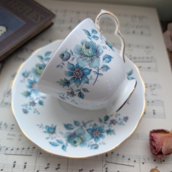 Other - Queen Anne Blue Floral Teacup and Saucer Set with Gold Trim